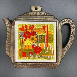 Vintage Teapot Shaped Ceramic Tile Trivet - made by Cherry, Japan - 1970s